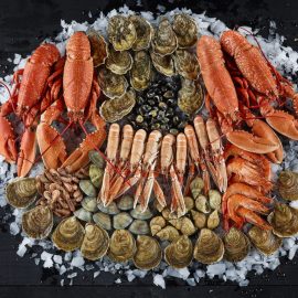 plateau de fruits de mer avec des homards, langoustines, huitres plates et creuses, bigorneaux, palourdes